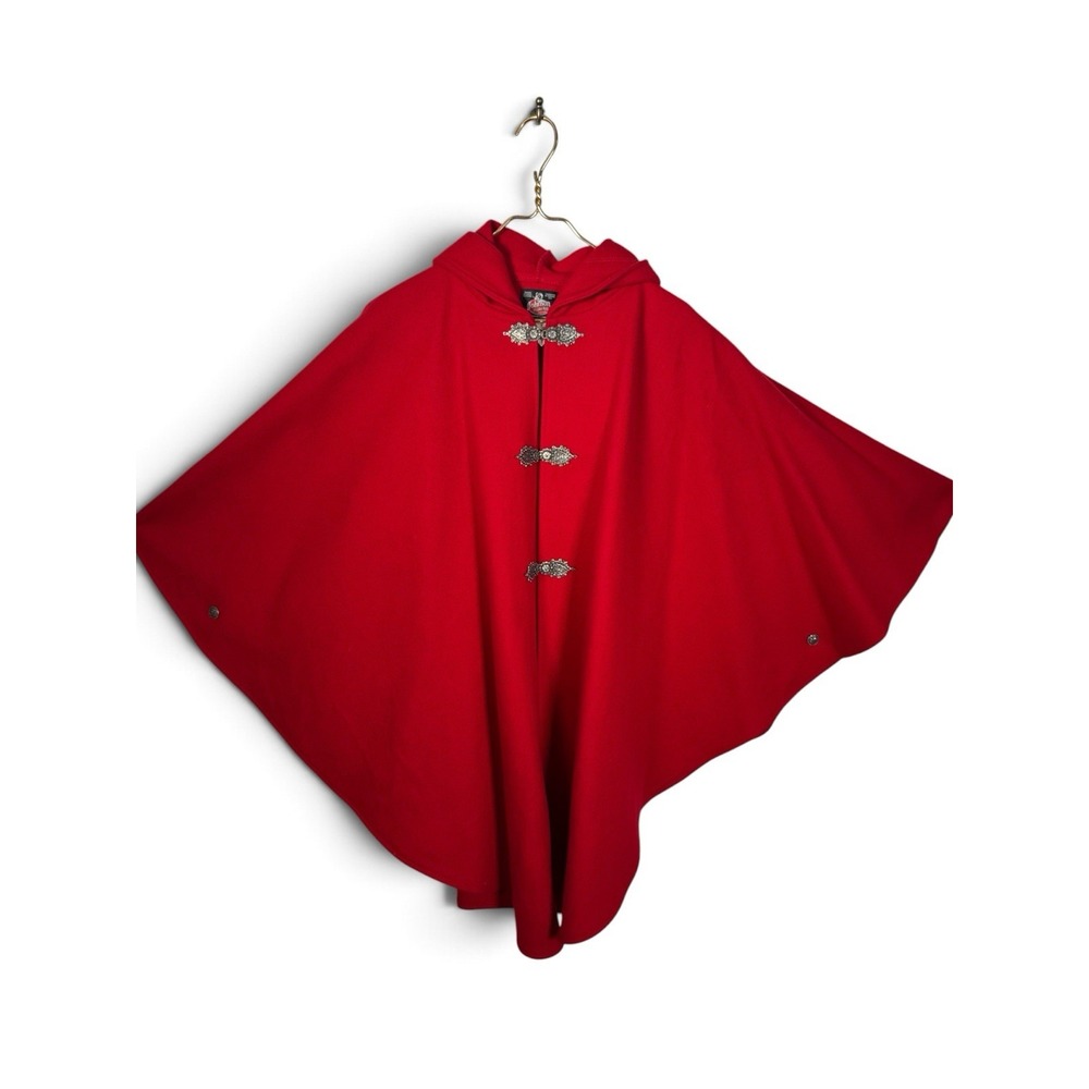 Johnson Woolen Mills Red Wool Cape Womens Hooded Poncho Made in USA One Size